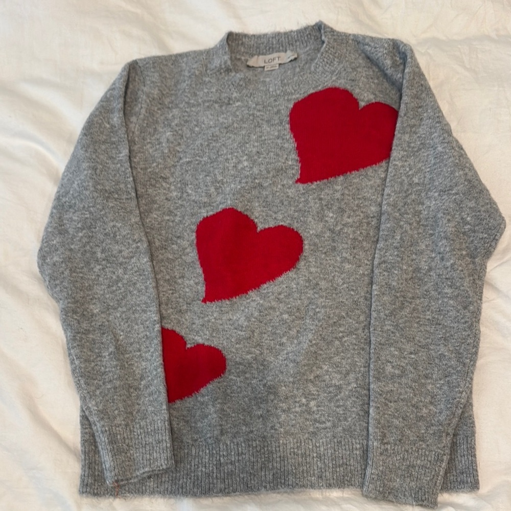 LOFT Gray Knit Sweater with Red Heart Patterns
